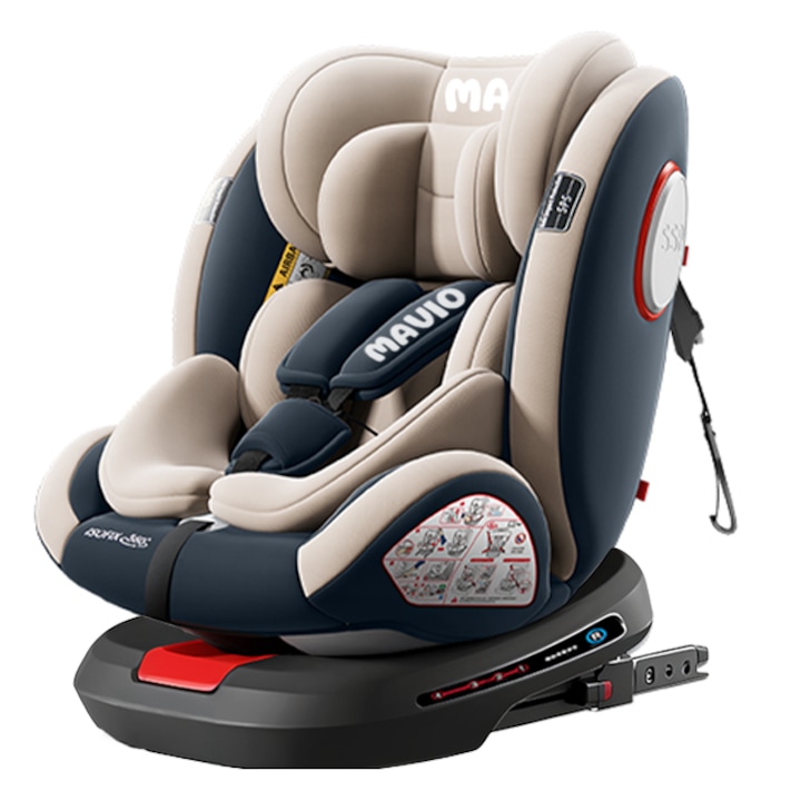 Scaun Auto Bebelusi Mavio®, Model Asento, 40-150 cm, Rotatie 360 de grade, ISOFIX, Copii intre 0 - 12 ani, Omologat i-Size R129, Protectie Impact Lateral, Centura de Siguranta 5 Puncte, Tetiera Reglabila, Pozitie de Somn, Husa Detasabila, Bej Gri