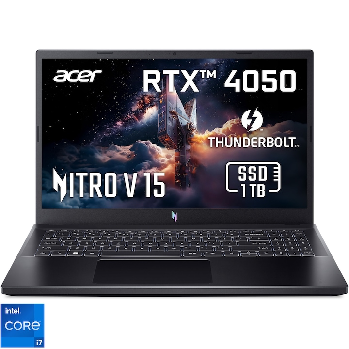 Laptop Gaming Acer Nitro V15 ANV15-51-72C4 cu procesor Intel® Core™ i7-13620H pana la 4.9GHz, 15.6', Full HD, IPS, 165Hz, 16GB DDR5 RAM, 1TB SSD, NVIDIA® GeForce RTX™ 4050 6GB GDDR6, No OS, Obsidian Black