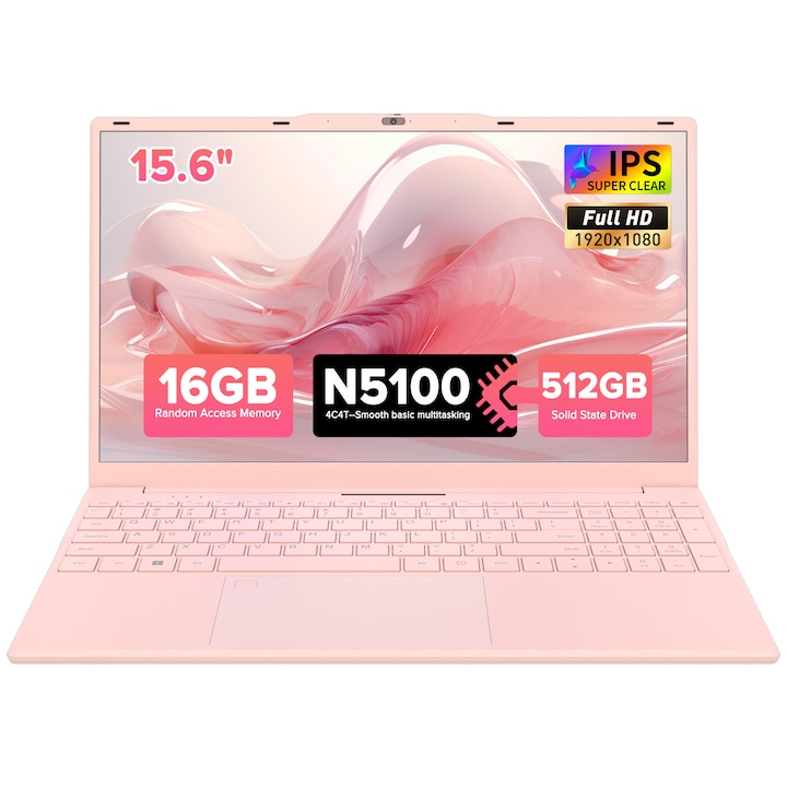 Laptop Auusda cu procesor Intel Alder Celeon N5100, 16GB, 512Go SSD, 15.6 FHD, Windows 11, Roz
